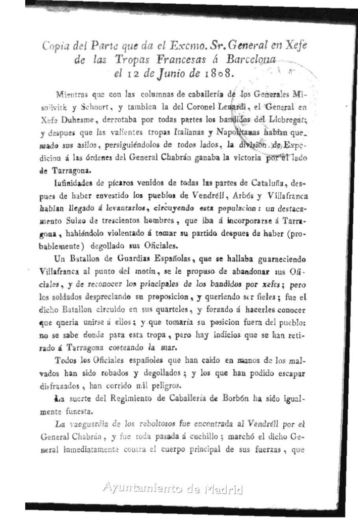 Miniatura de Copia del Parte que da el Excmo.Sr.General en Xefe de las Tropas Francesas a Barcelona el 12 de junio de 1808