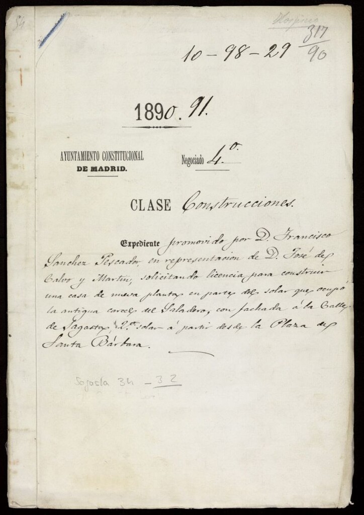 Miniatura de Licencia a  Don Francisco Sánchez Pescador, en representación de Don José del Calvo y Martín en calle de Sagasta nº 32-34
