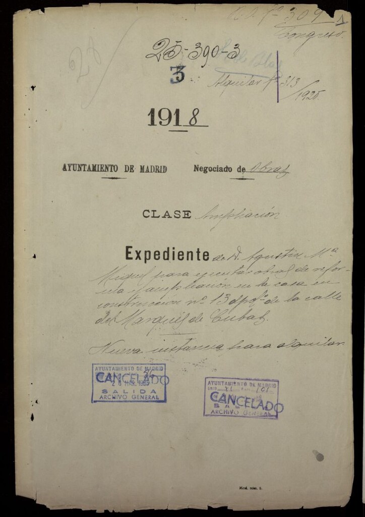Miniatura de Licencia a Doña Agustina María Miguel para reforma y ampliación en la calle del Marqués de Cubas nº 13