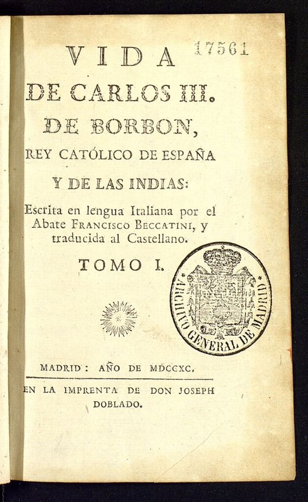 Miniatura de Vida de Carlos III de Borbon, rey católico de España y de las Indias. Tomo I