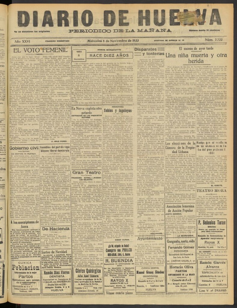 Miniatura de Diario de Huelva : periódico independiente del 8 de noviembre de 1933