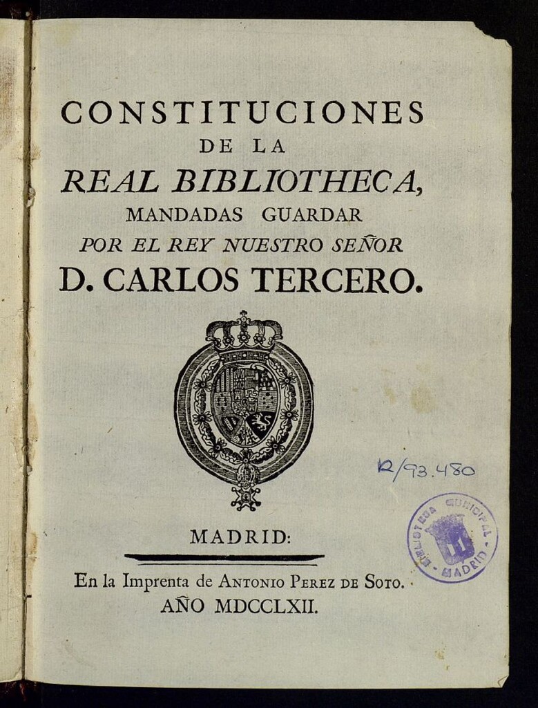 Miniatura de Constituciones de la Real Bibliotheca, mandadas guardar por el Rey Nuestro Señor D. Carlos Tercero