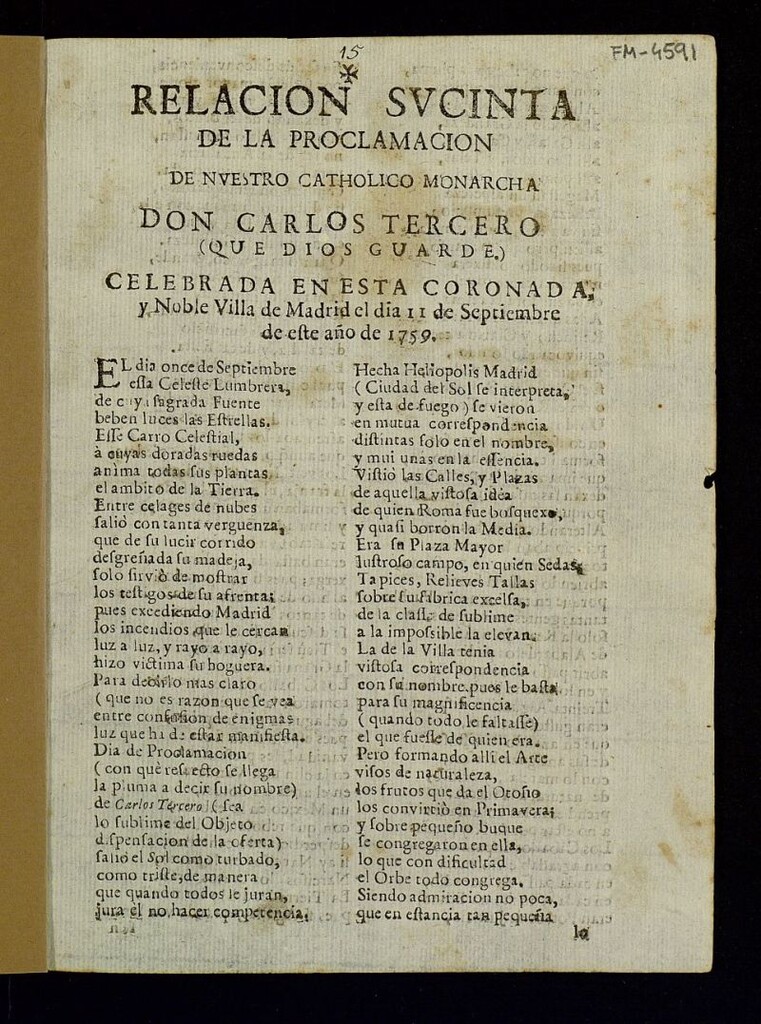 Miniatura de Relacion sucinta de la proclamación de nuestro católico monarca Don Carlos Tercero...