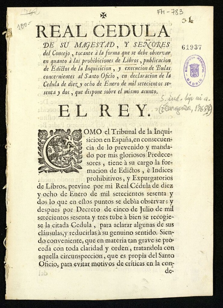 Miniatura de Real Cédula de Su Magestad, y Señores del Consejo, tocante a la forma que se debe observar en quanto à las prohibiciones de Libros, publiacion de Edictos de la Inquisicion, y execucion de Bulas concernientes al Santo Oficio...