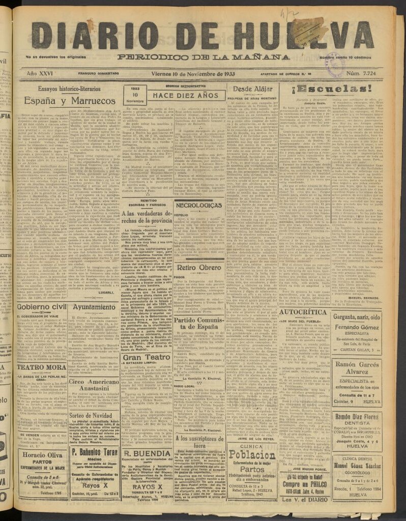 Miniatura de Diario de Huelva : periódico independiente del 10 de noviembre de 1933
