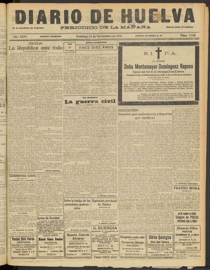Miniatura de Diario de Huelva : periódico independiente del 12 de noviembre de 1933