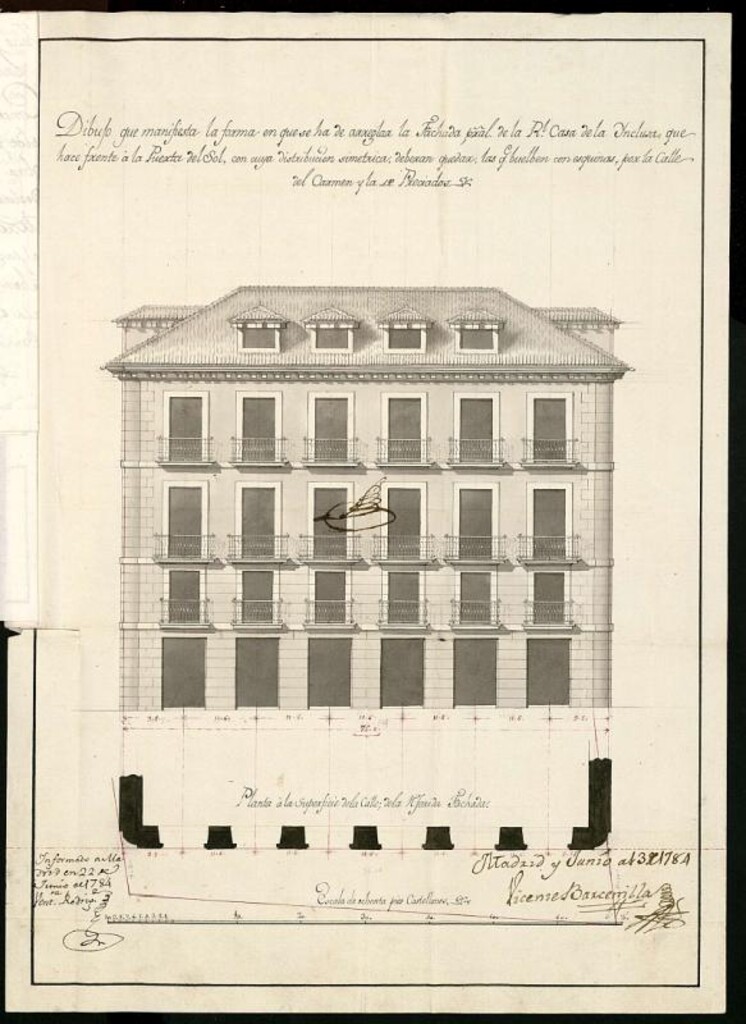 Miniatura de Licencia a Don Pedro Alonso de la Vega administrador de la casa Inclusa para reedificar de nueva planta las casas sitas en Puerta del Sol, esquina a la del Carmen y Preciados