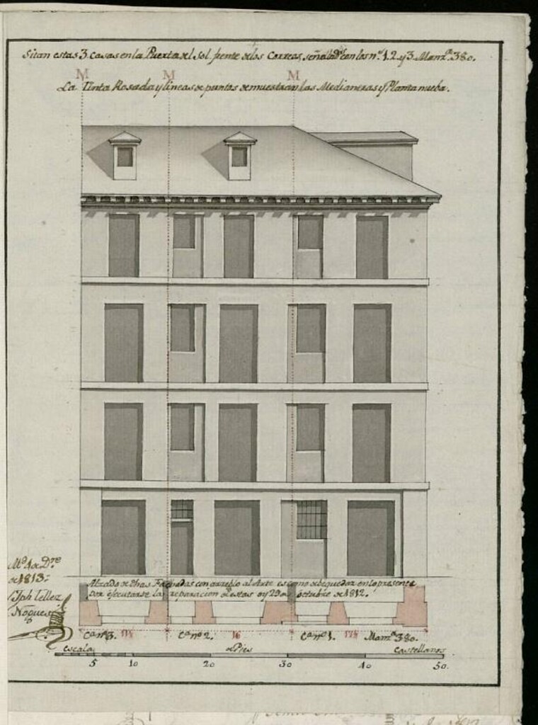 Miniatura de Licencia a Don Benito Martínez para reedificar la fachada de la casa en la Puerta del Sol nº 3 antiguo, manzana 380