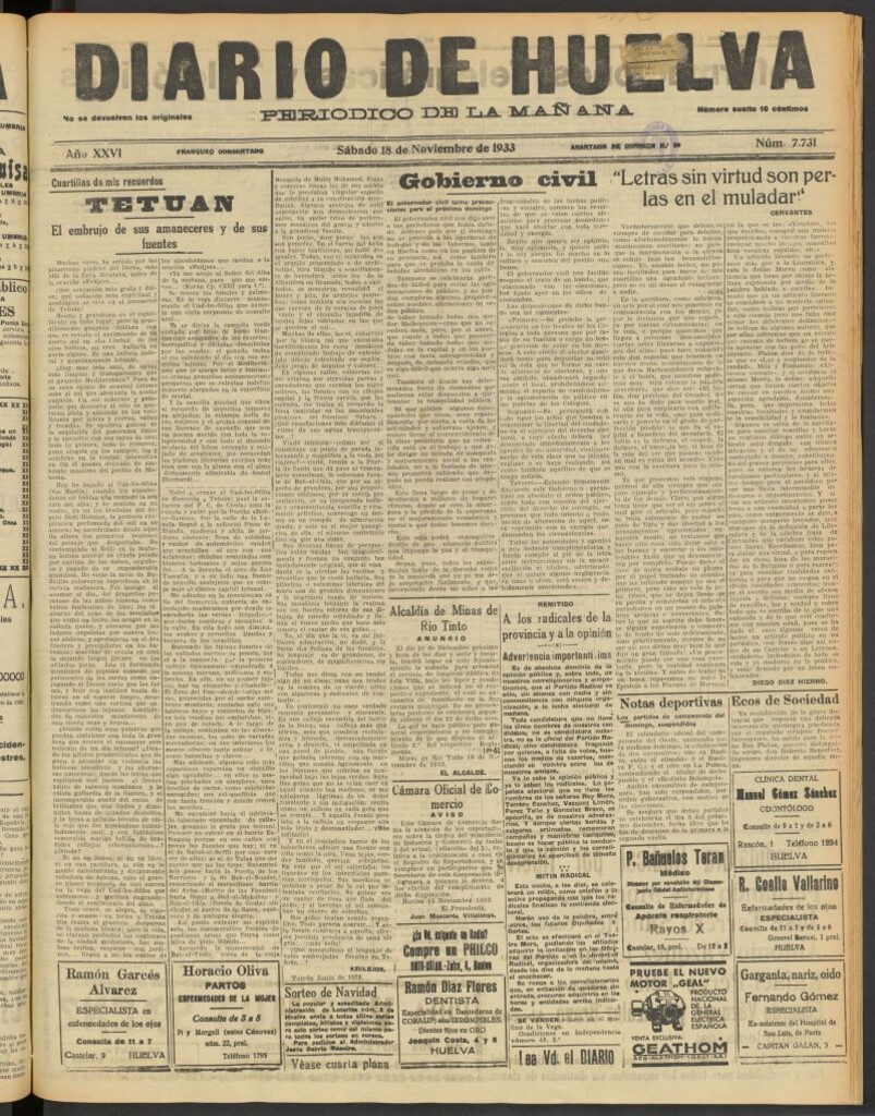 Miniatura de Diario de Huelva : periódico independiente del 18 de noviembre de 1933