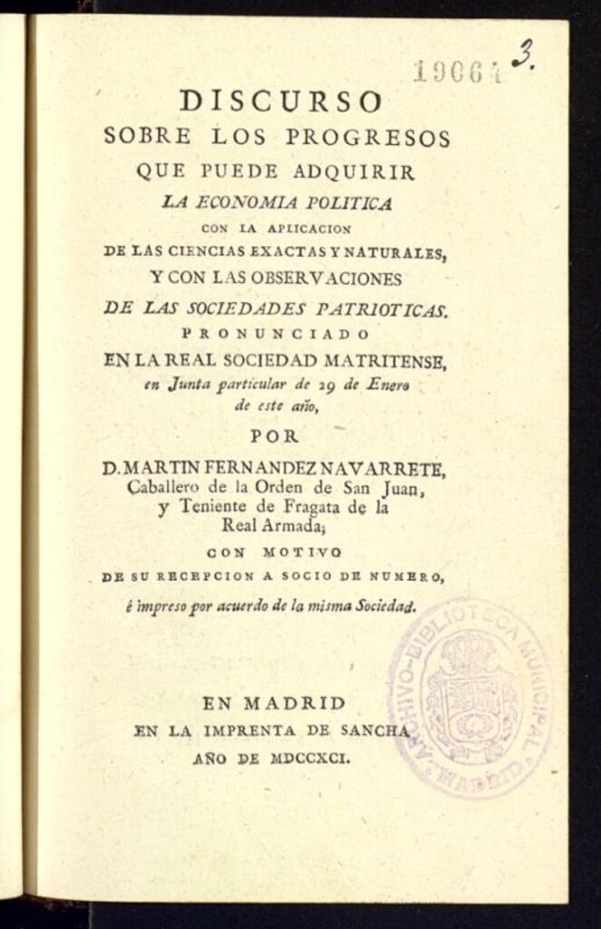 Miniatura de Discurso sobre los progresos que puede adquirir la economía política con la aplicación de las ciencias exactas y naturales, y con las observaciones de las sociedades patrióticas