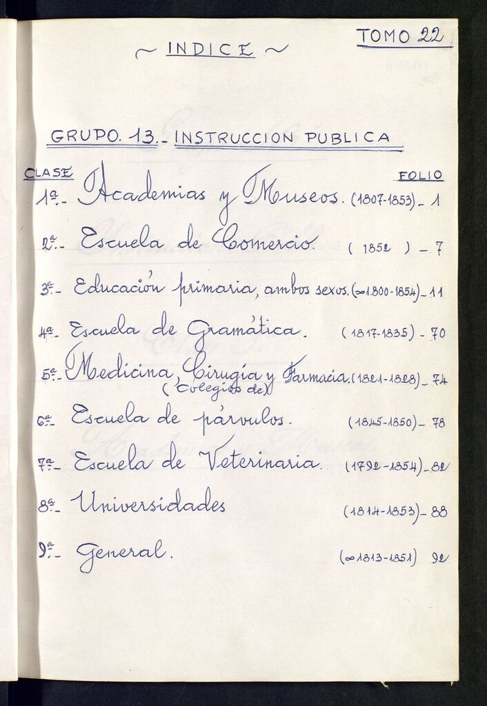 Miniatura de Inventario de Corregimiento : instrucción pública. Tomo XXII