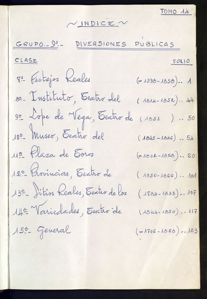 Miniatura de Inventario de Corregimiento : diversiones públicas. Tomo XIV