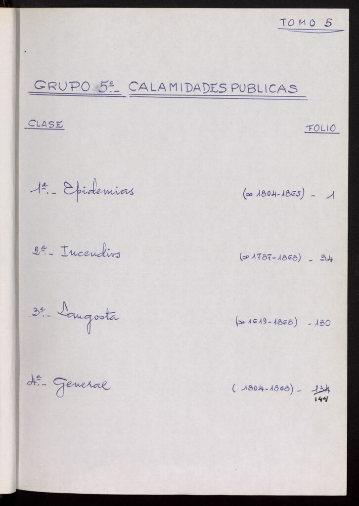 Miniatura de Inventario de Corregimiento : Calamidades públicas. Tomo V