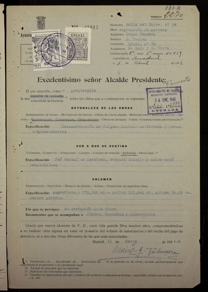 Miniatura de Licencia a Don Moisés Gómez Tabanera para reforma y ampliación de su propiedad en la calle del Barco nº 24