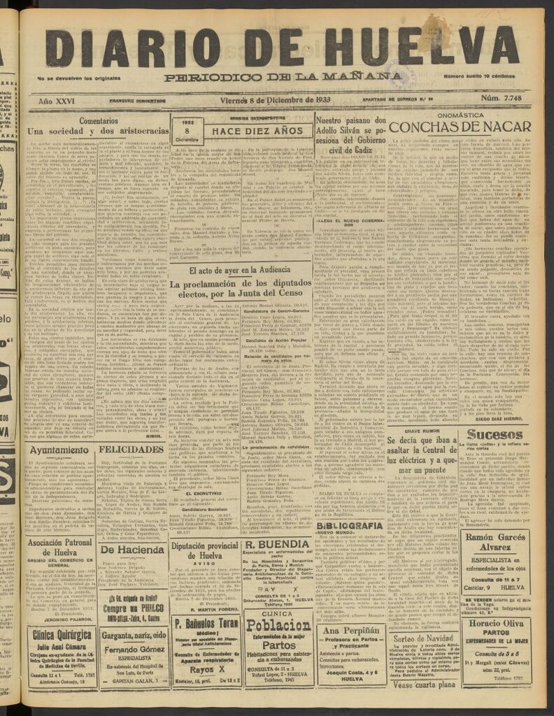 Miniatura de Diario de Huelva : periódico independiente del 8 de diciembre de 1933