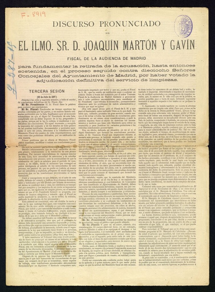 Miniatura de Discurso pronunciado por el Ilmo. Sr. D. Joaquín Martón y Gavín fiscal de la Audiencia de Madrid para fundamentar la retirada de la acusación, hasta entonces sostenida...