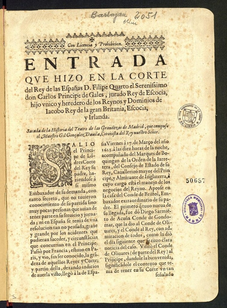 Miniatura de Entrada que hizo en la Corte del Rey de las Españas D. Filipe Quarto el Serenissimo don Carlos Principe de Gales, jurado Rey de Escocia ....
