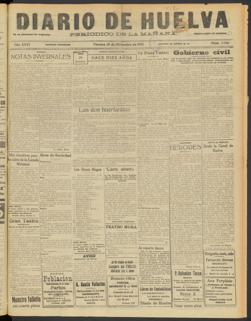 Miniatura de Diario de Huelva : periódico independiente del 29 de diciembre de 1933
