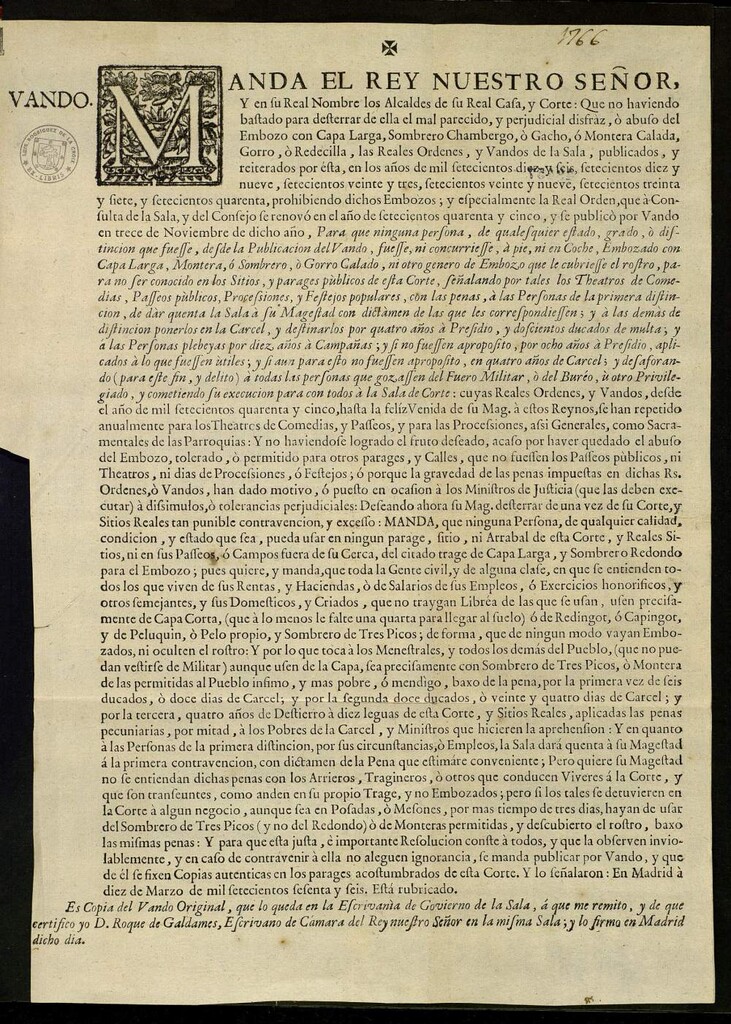 Miniatura de Manda el rey ... y en su Real Nombre los Alcaldes de su Real Casa y Corte que no haviendo bastado para desterrar de ella el... perjudicial disfraz o abuso del embozo con capa larga..., las Reales ordenes y vandos... Deseando ahora su Mag. desterrar... de su corte... tan punible... exceso : Manda que ninguna persona... pueda usar... del citado trage de capa larga y sombrero redondo para el embozo…