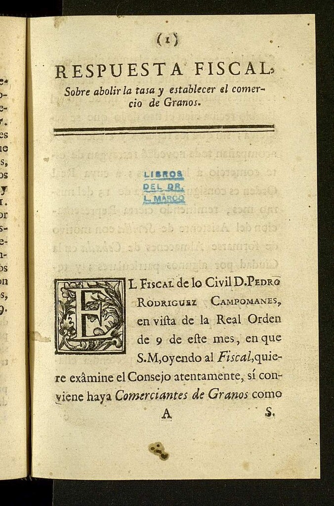 Miniatura de Respuesta fiscal sobre abolir la tasa y establecer el comercio de granos