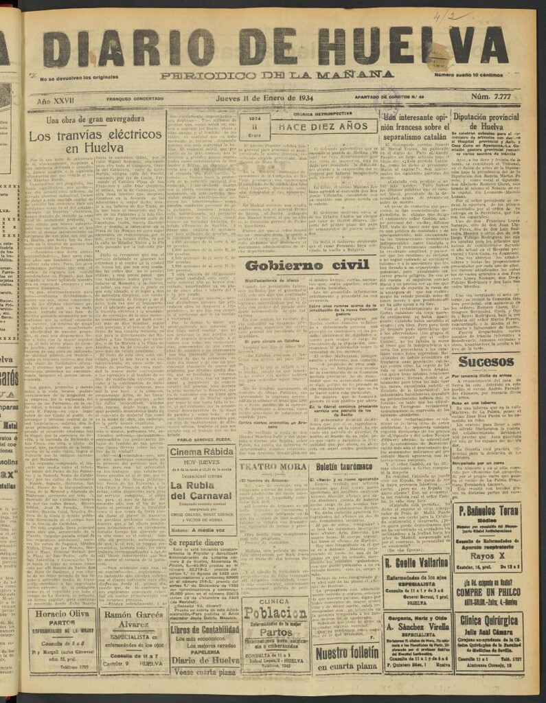 Miniatura de Diario de Huelva : periódico independiente del 11 de enero de 1934