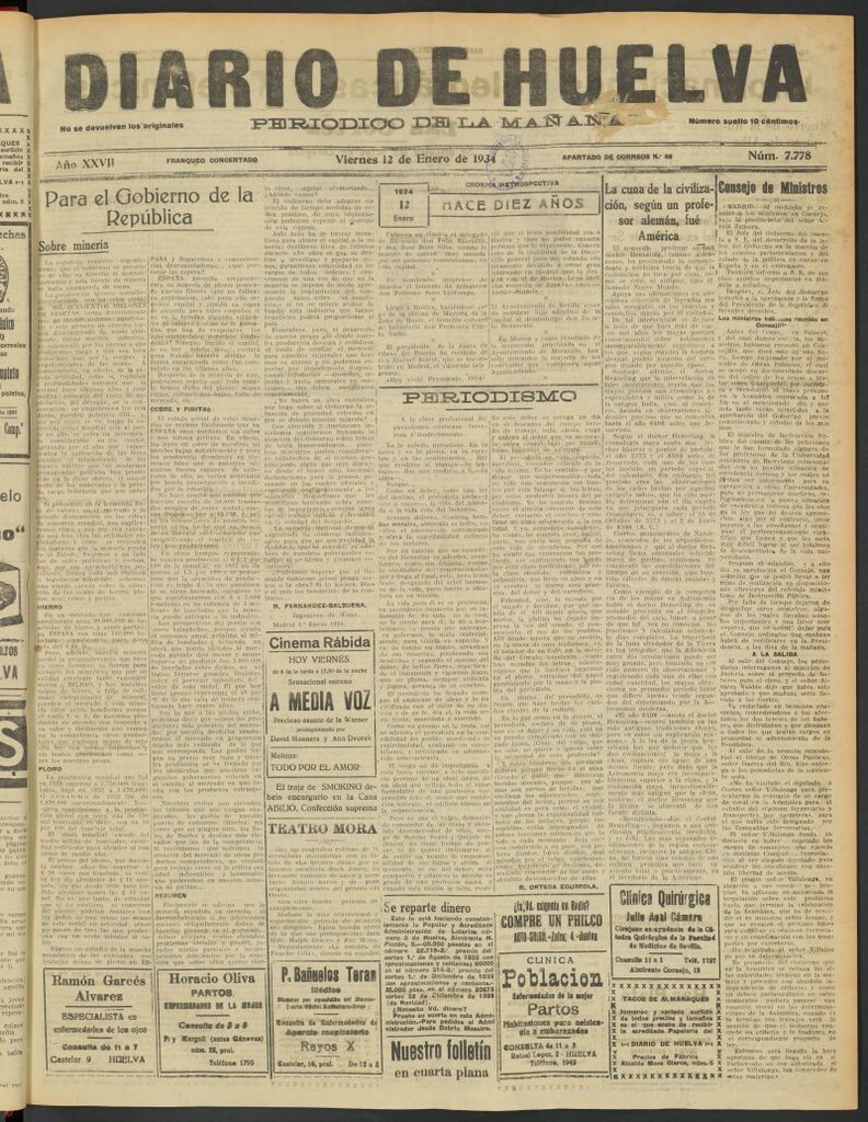 Miniatura de Diario de Huelva : periódico independiente del 12 de enero de 1934