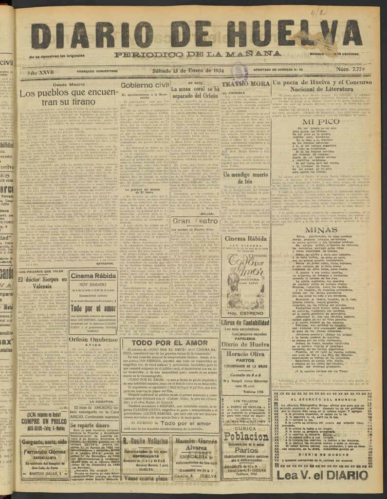 Miniatura de Diario de Huelva : periódico independiente del 13 de enero de 1934