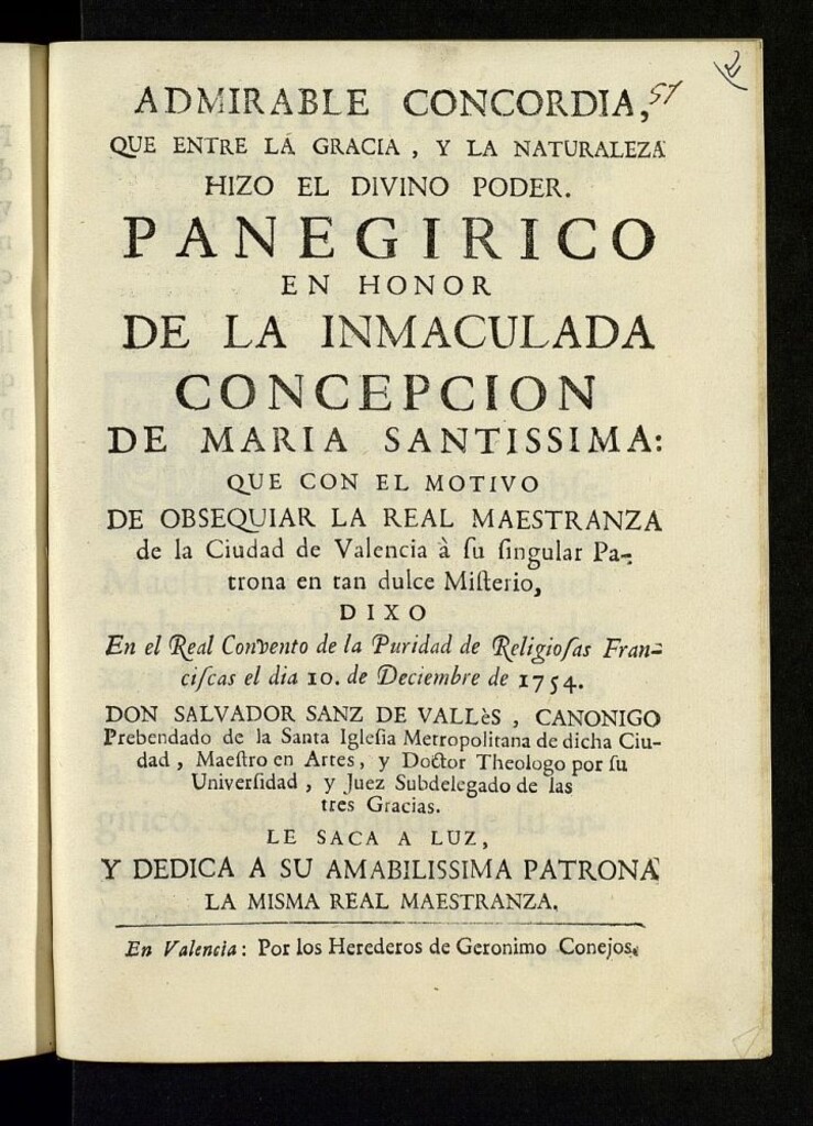 Miniatura de Admirable concordia, que entre la Gracia, y la Naturaleza hizo el divino poder : panegirico en honor de la Inmaculada Concepcion de Maria Santissima