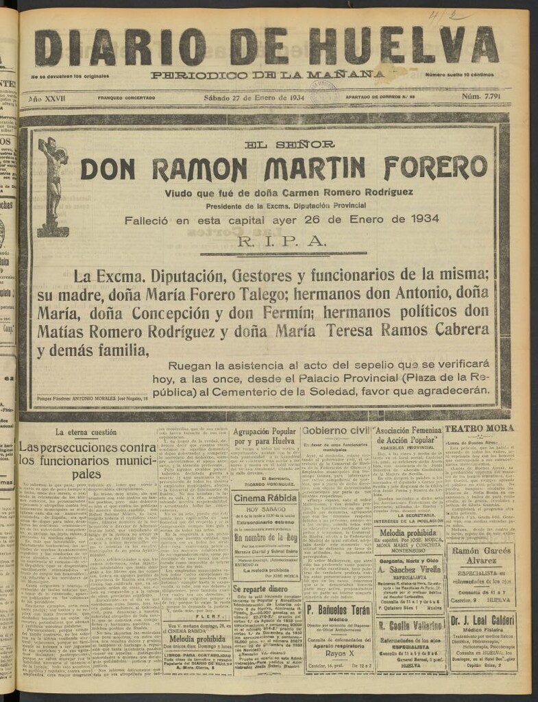 Miniatura de Diario de Huelva : periódico independiente del 27 de enero de 1934