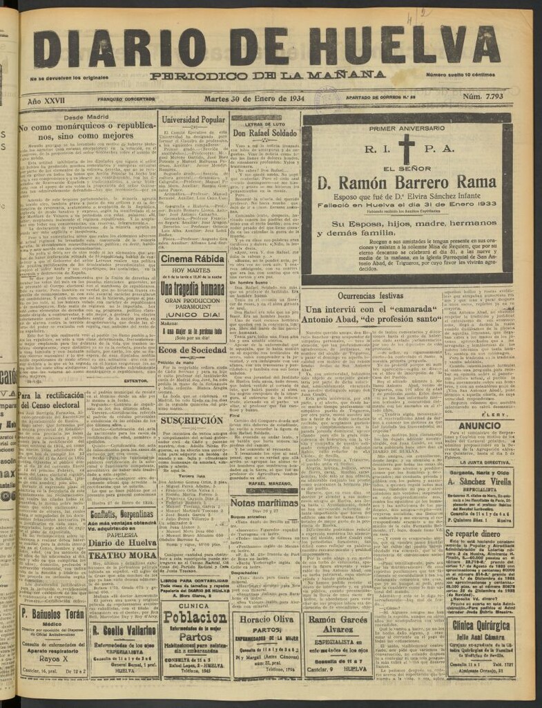Miniatura de Diario de Huelva : periódico independiente del 30 de enero de 1934