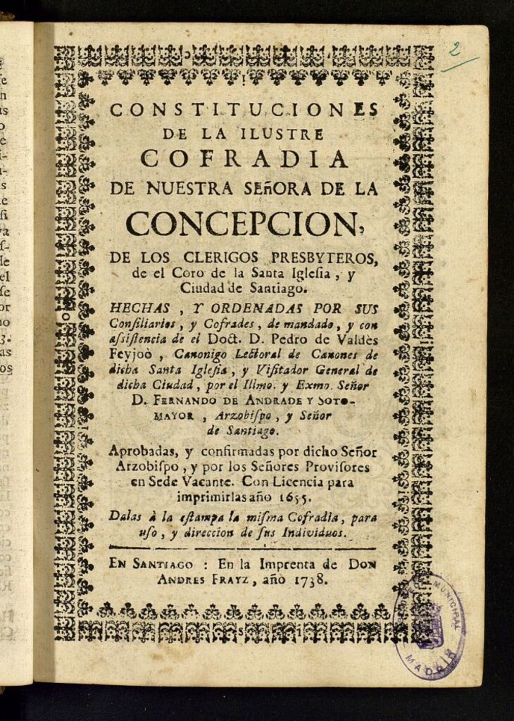 Miniatura de Constituciones de la ilustre Cofradia de Nuestra Señora de la Concepcion : de los clerigos presbyteros de el Coro de la Santa Iglesia y Ciudad de Santiago