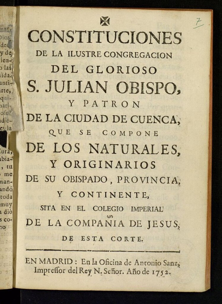 Miniatura de Constituciones de la ilustre Congregacion del glorioso S. Julian Obispo y patron de la Ciudad de Cuenca : que se compone de los naturales y originarios de su obispado provincia y continente : sita en el Colegio Imperial de la Compañia de Jesus de esta corte