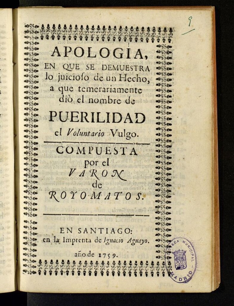 Miniatura de Apologia en que se demuestra lo juicioso de un hecho a que temerariamente dió el nombre de Puerilidad el voluntario vulgo.