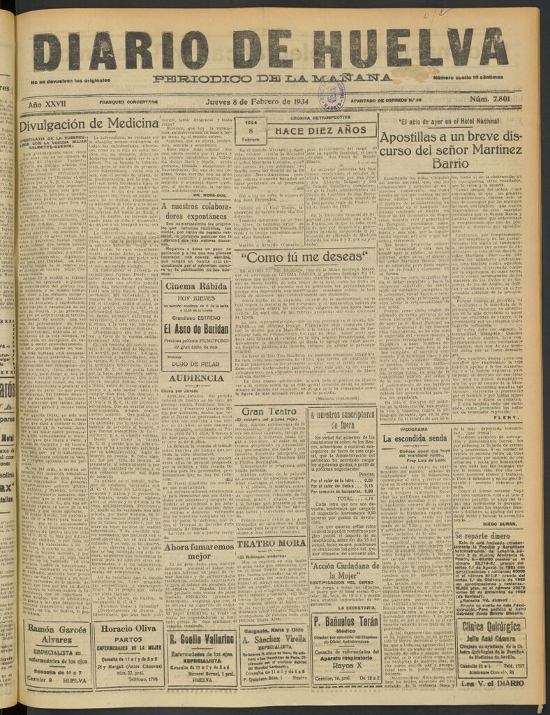 Miniatura de Diario de Huelva : periódico independiente del 8 de febrero de 1934