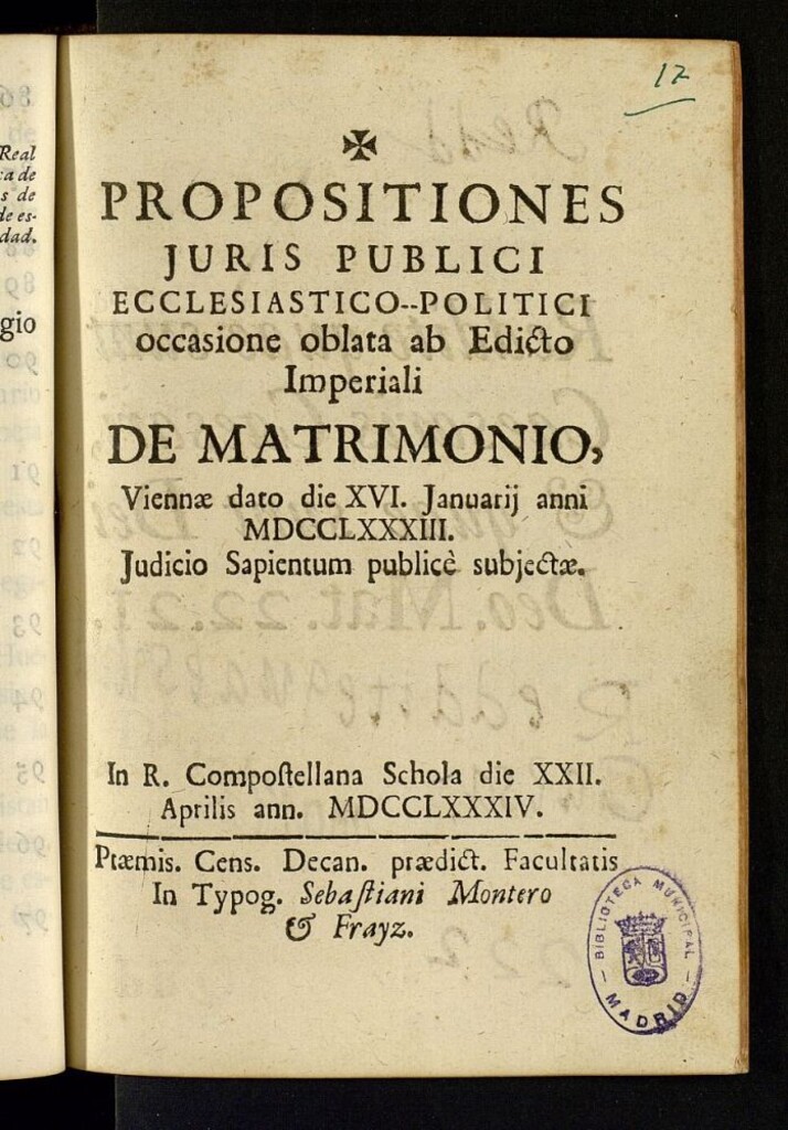 Miniatura de Propositiones juris publici ecclesiastico-politici occasione oblata ab Edicto Imperiali de Matrimonio Viennae dato die XVI Januarij anni MDCCLXXXIII Judicio Sapientum publicé subjectae.