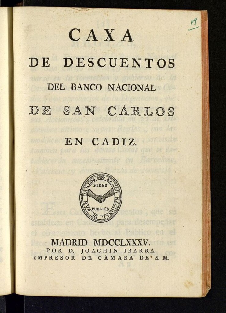 Miniatura de Caxa de descuentos del Banco Nacional de San Carlos en Cádiz