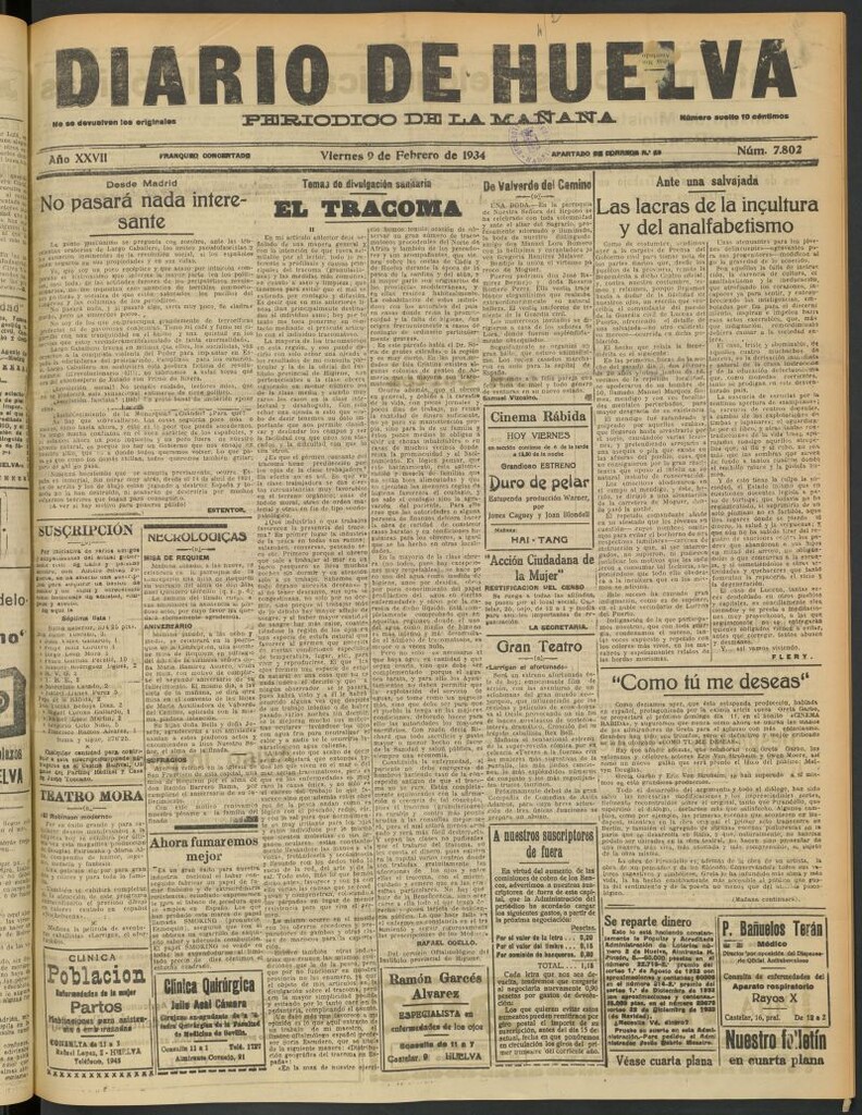 Miniatura de Diario de Huelva : periódico independiente del 9 de febrero de 1934