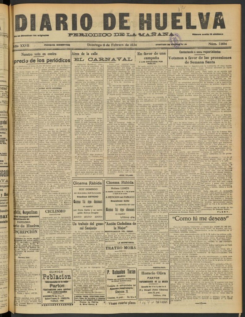 Miniatura de Diario de Huelva : periódico independiente del 11 de febrero de 1934