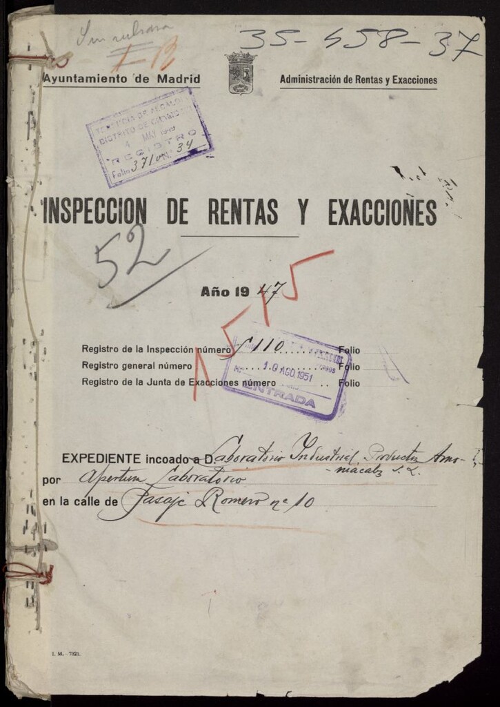 Miniatura de Licencia de apertura del laboratorio industrial Lipa, sito en el Pasaje de Romero número 10