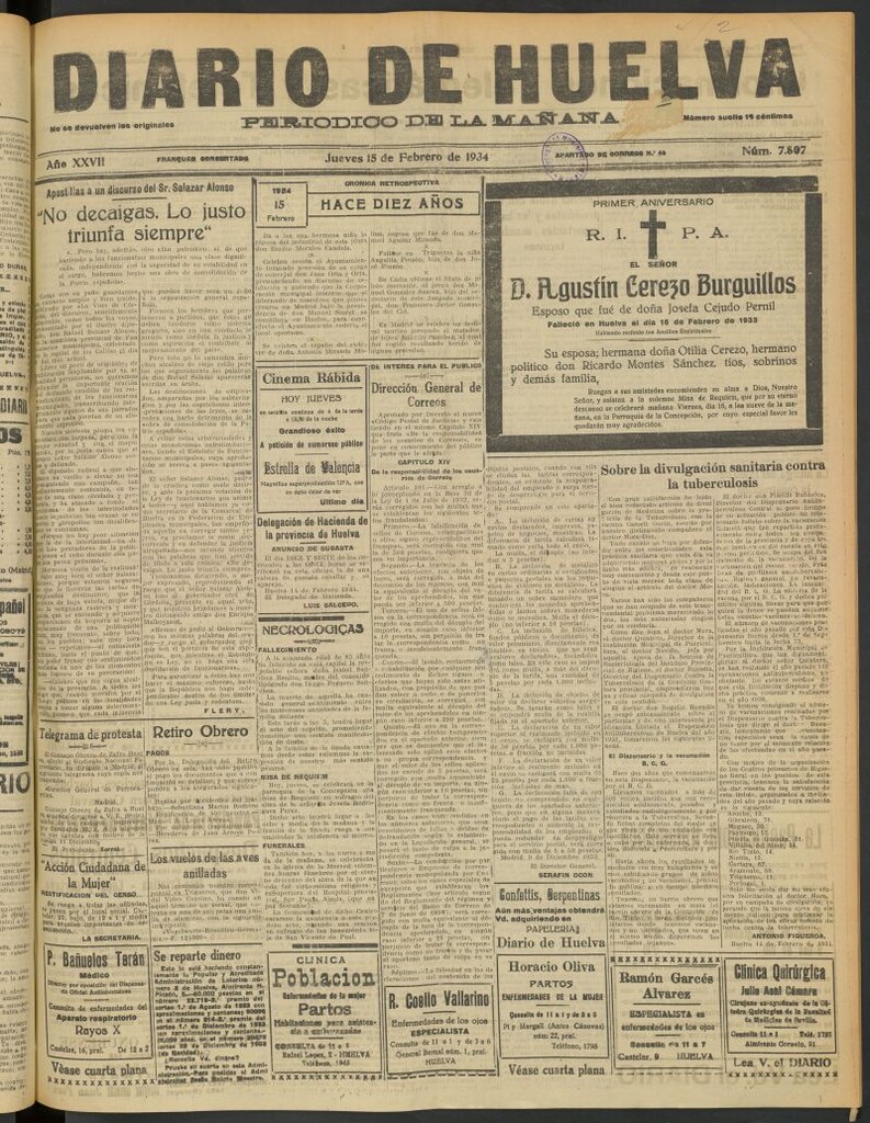 Miniatura de Diario de Huelva : periódico independiente del 15 de febrero de 1934