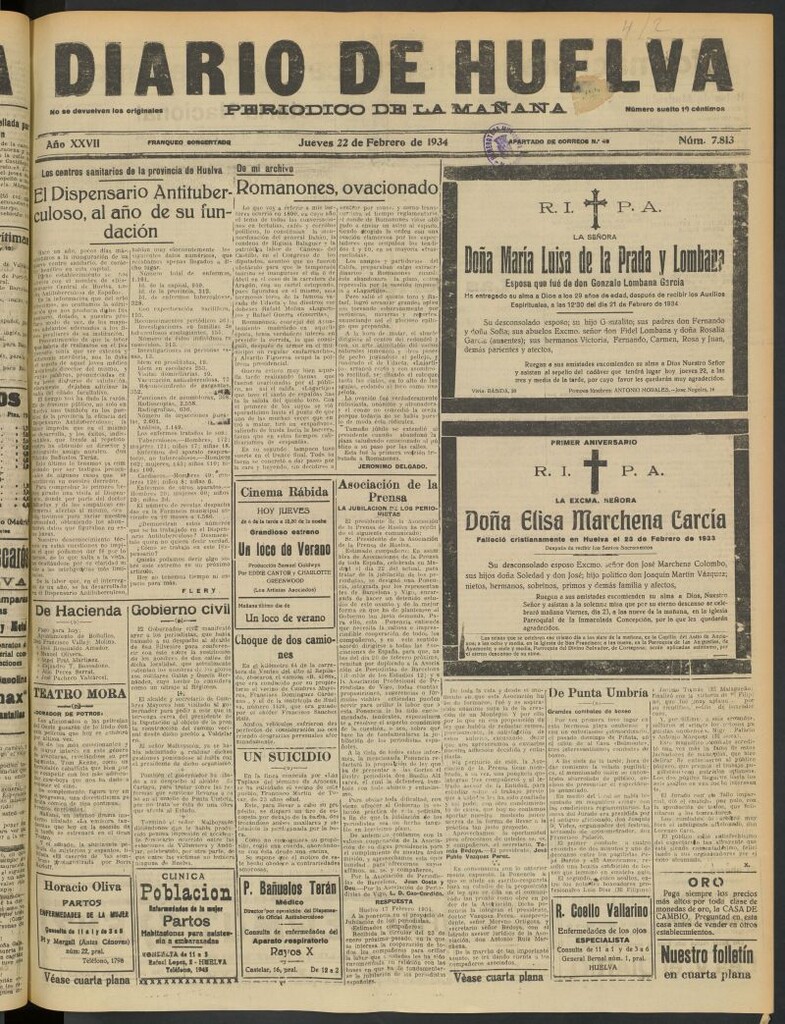 Miniatura de Diario de Huelva : periódico independiente del 22 de febrero de 1934