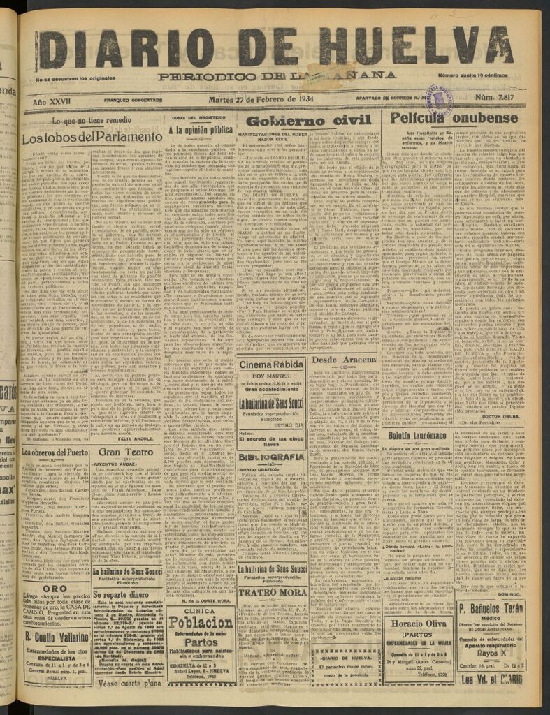 Miniatura de Diario de Huelva : periódico independiente del 27 de febrero de 1934