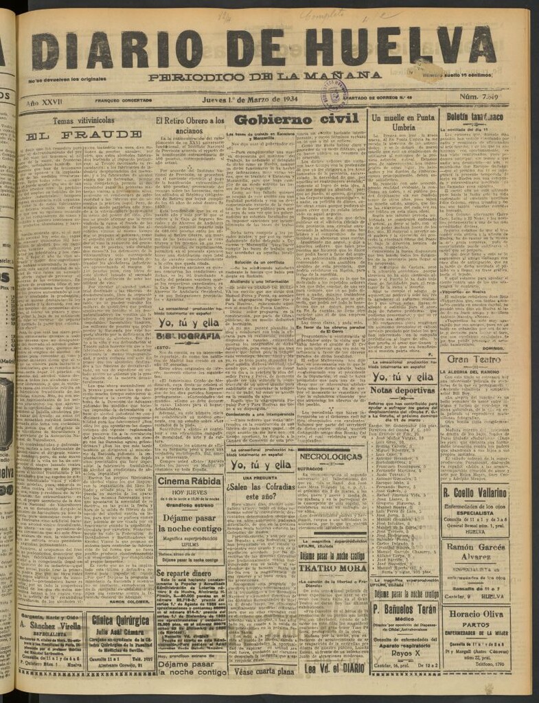 Miniatura de Diario de Huelva : periódico independiente del 1 de marzo de 1934