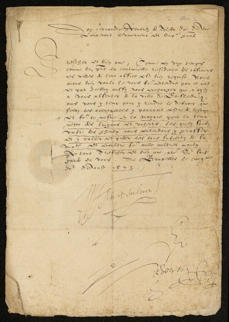 Miniatura de Carta o cédula de Fernando Álvarez de Toledo, Duque de Alba, lugarteniente, gobernador y capitán general de los Países Bajos a Jacques de Brecht