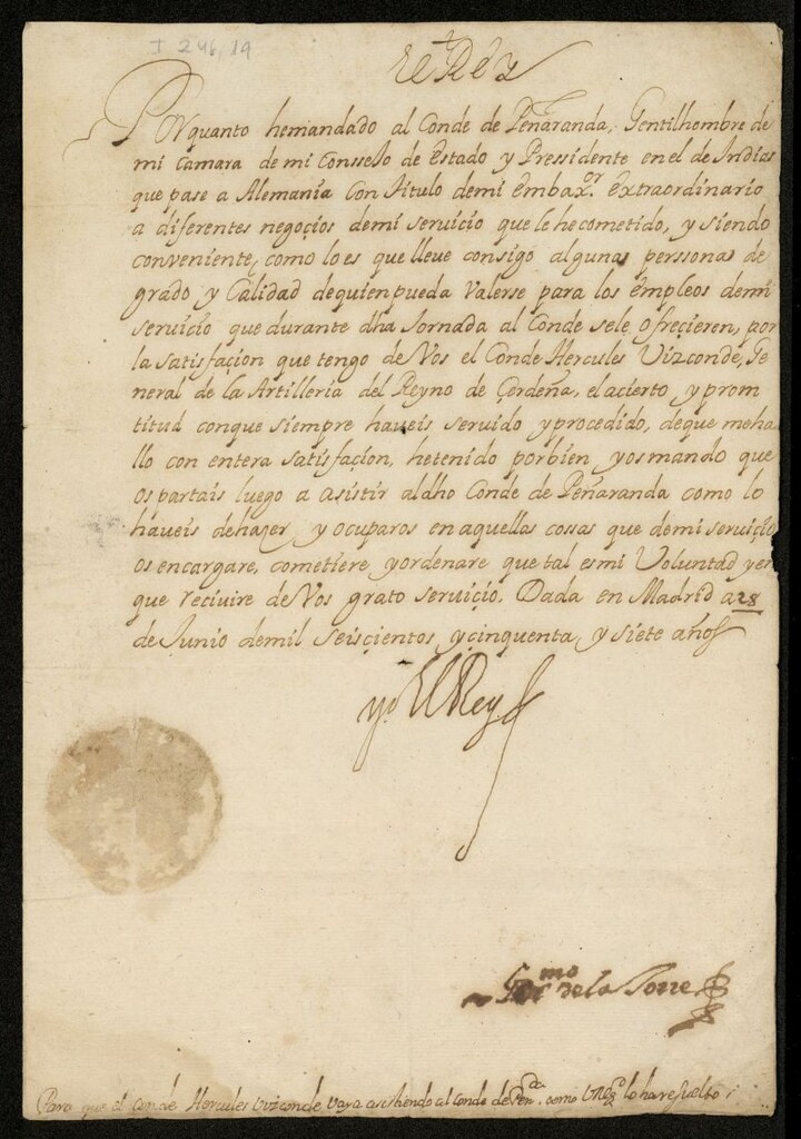 Miniatura de Real cédula de de Felipe IV al Vizconde Hércules, general de la artillería del reino de Cerdeña, mandándole que acompañe al conde de Peñaranda en la embajada extraordinaria que le ha encargado en Alemania