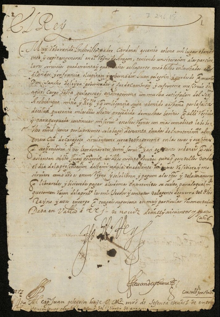 Miniatura de Real cédula de Felipe III al Cardenal Ascanio Colonna, su virrey de Aragón, comunicándole que ha hecho merced de sesenta escudos de entretenimiento al mes al capitán Juan Pelegrin por sus servicios