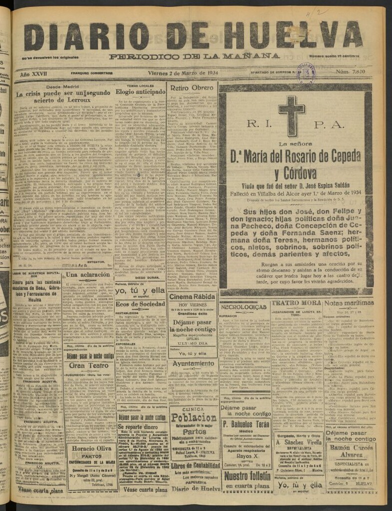 Miniatura de Diario de Huelva : periódico independiente del 2 de marzo de 1934