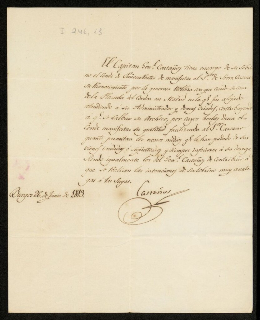 Miniatura de Carta del capitán general Francisco Javier Castaños, Duque de Bailén, al señor de Serra Cascano, agradeciéndole en nombre del Conde de Puñonrostro, su sobrino, el cuidado y conservación de su casa de la calle del Cordón