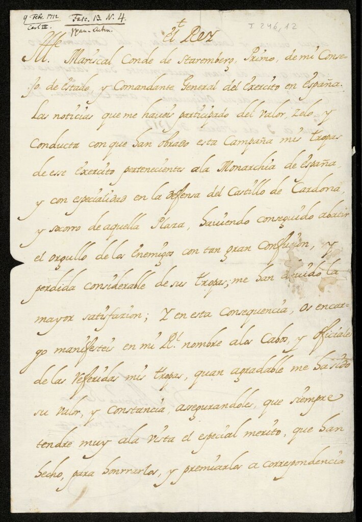Miniatura de Cédula de Carlos VI, Emperador del Sacro Imperio y pretendiente al trono español, al mariscal Guido de Starhemberg