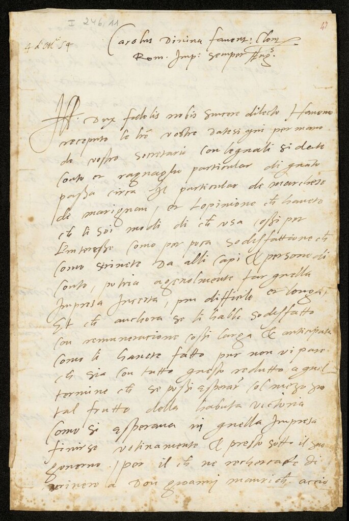 Miniatura de Carta de Carlos V a Cosme de Medicis, Duque de Florencia, en la que trata sobre el común empeño de poner sitio a la ciudad de Siena